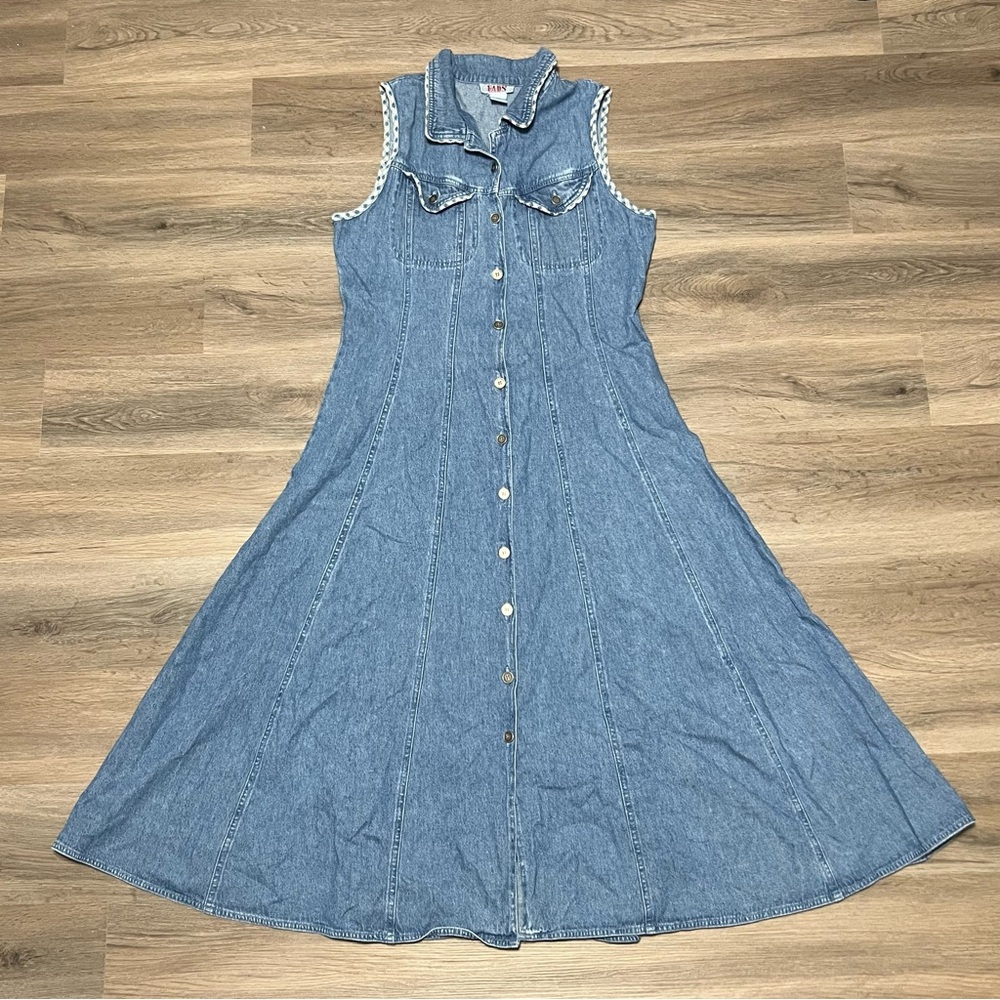 Fads 10 Blue Jean Dress Button Front Checkered Trim Tie Cotton Cottagecore VTG